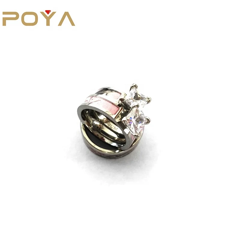 

POYA Jewelry 6mm Flat Top Titanium Ring with Groove Inlay Pink Camo and Big CZ Stone