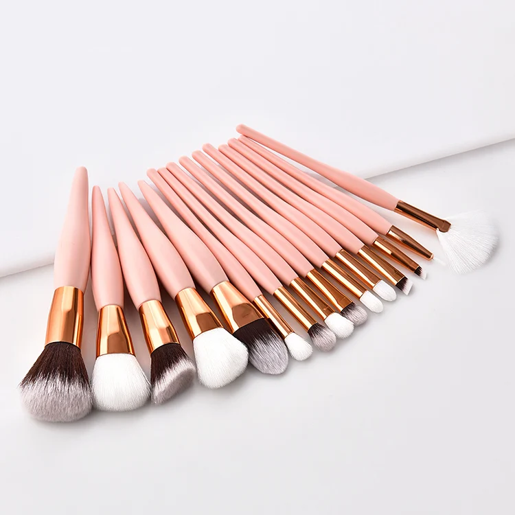 

Wholesale Multifunctional Private Label Diamond Cute Oval Fan Wood Handle 15pcs Makeup Brush with Logo, Pink