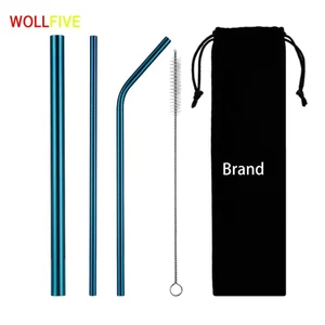 Image of Reusable Drinking Straw Stainless Steel Eco-Friendly Straight Bend Metal Straw Set with Cleaner Brush Bar Accessories