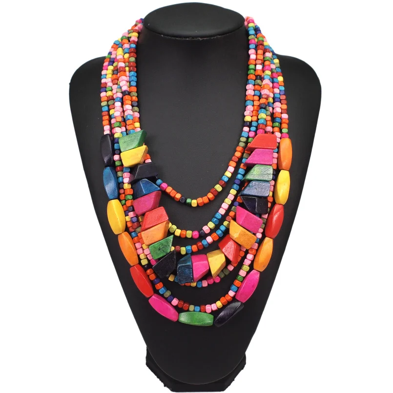 

Bohemian Multilayer Wood Bead Choker Necklaces For Women Handmade Beaded Statement African Necklace Jewelry, Multicolor;pink