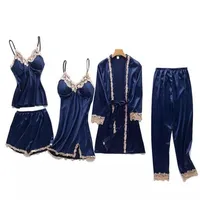 

Summer Women Ice Silk 5PCS Sleepwear Set Sexy Strap Top&Shorts&Nighty&Robe&Pants Lingerie Suit Casual Home Clothes Nightwear