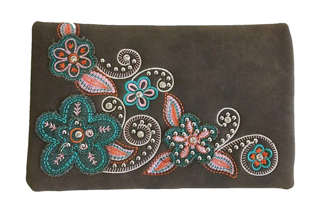 American Bling Montana West 4-Way Clutch Wristlet Crossbody Purse Suede Feel Flowers Coffee