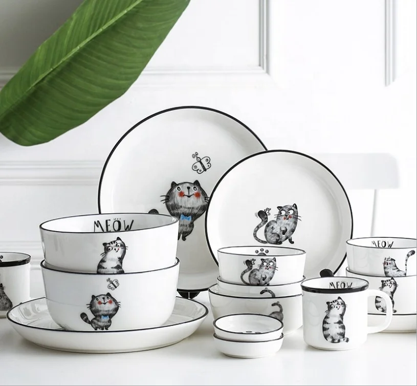 

Cute white ceramic tableware decal cat design dinnerware set for kids