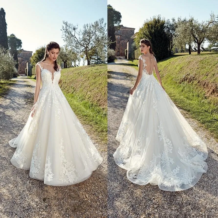 

ZH1311X 2019 Country Wedding Dresses Sheer Neck Summer Bohemian Lace Appliques Sexy Backless with Buttons Boho Bridal Gowns, White/ivory