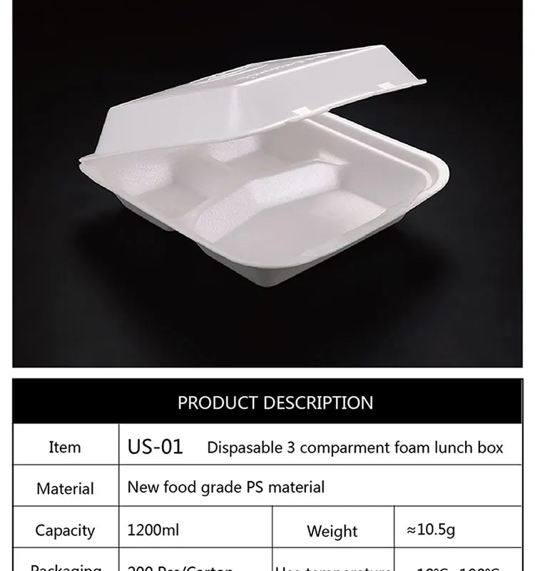 1200ml Disposable 7inch Square Takeaway Foam Food Container With 3