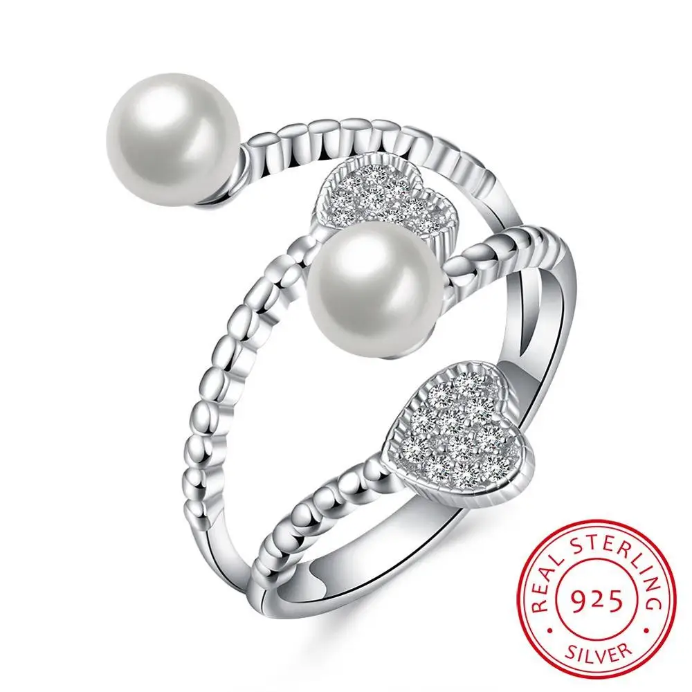 

Tryme Jewelry Double Hearts Promise CZ Ring Real 925 Sterling Silver Jewelry For Women Simulated Pearl Open Ring Wedding SVR078, N/a