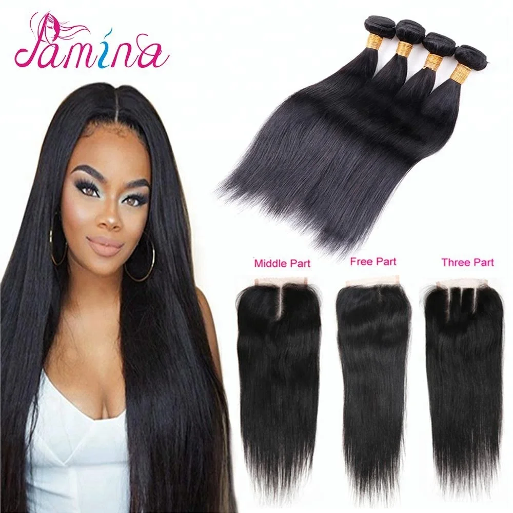 

Wholesale Brazilian Straight Remy Hair With Closure 8A Cheap Virgin Hair 4 Bundles With Free Part Lace Closure Natural Color