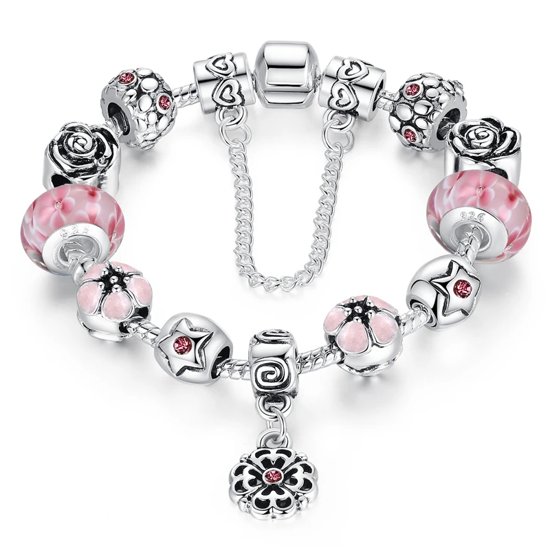 

2019 New Style Qings 925 Silver Plated Inlay White And Pink Zircon Cherry Blossom Bracelet