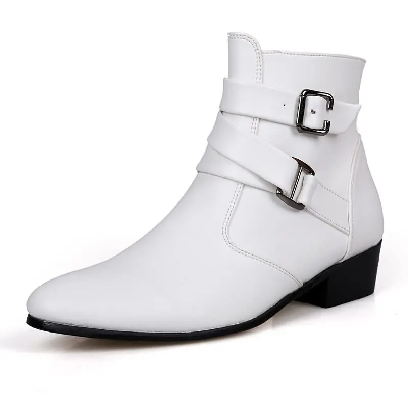 

PU leather High boots fashion style with strap and zipper men's boots, White & black & brown