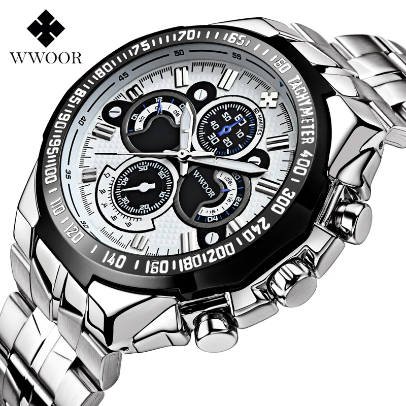 

WWOOR 8013 Fashion Casual Mens Stainless Steel Watches Luminous Analog Men Wristwatch relojes hombre, 3 color choose