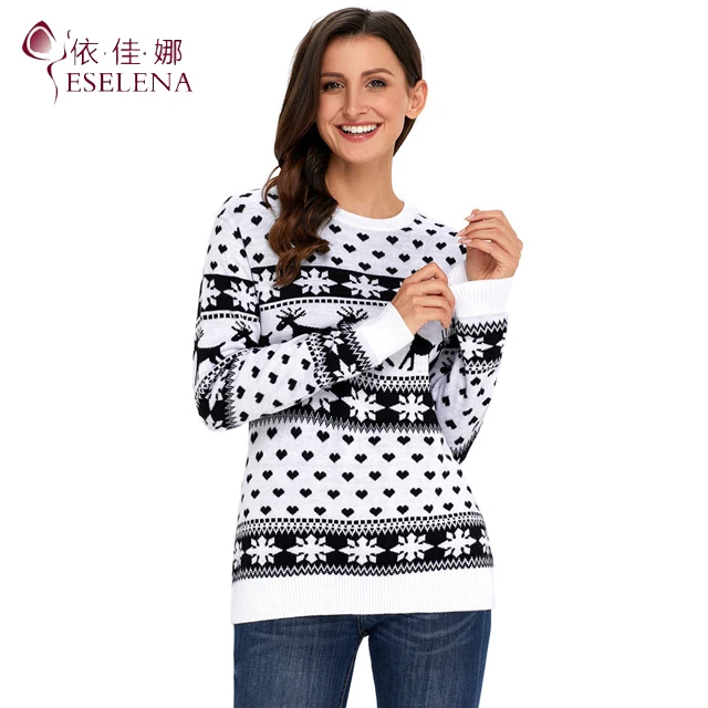 

wholesale custom acrylic wool womens ugly oversized christmas sweaters for ladies snowflake elk design pullover christmas, Red, black