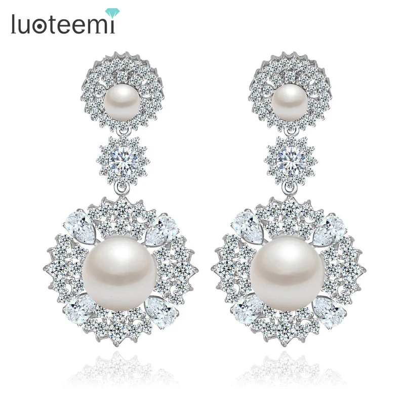 

LUOTEEMI Wholesale Fine Jewelry Women Fashion Luxury Eco-friendly Brass Rhodium Plated White Shell Pearl Hanging Earrings