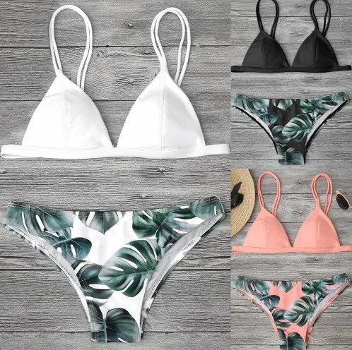 

Sexy Swimwear Women Bikini Set Print Leaves Push-Up Padded Swimsuit Low Waist Bathing Beachwear Biquini Swimsuit 15, Shown