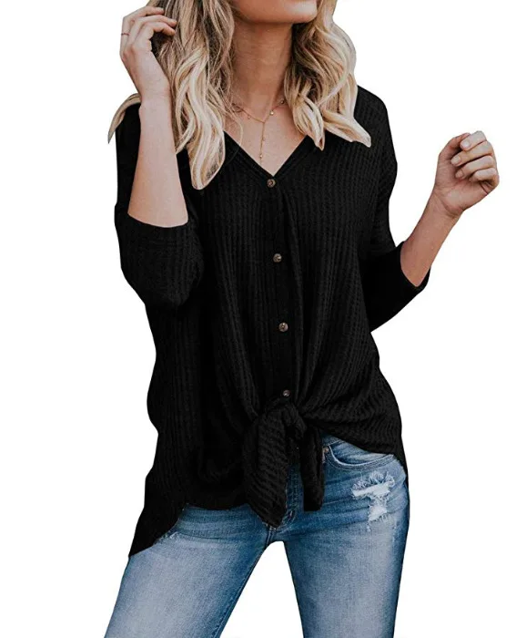 

Women Waffle Knit Tunic Blouse Tie Knot Henley Tops Loose Fitting Bat Wing Plain Shirts, Picture