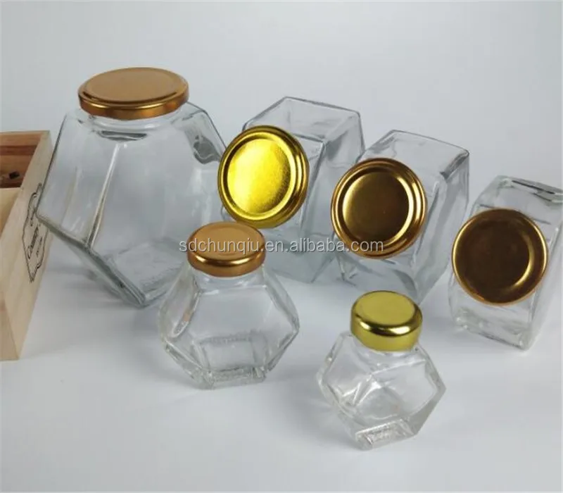 

Fashion Design 50g 125g 250g 375g 500g 750g 1000g Hexagonal Glass Honey glass bottle glass jar with Golden Metal Lid