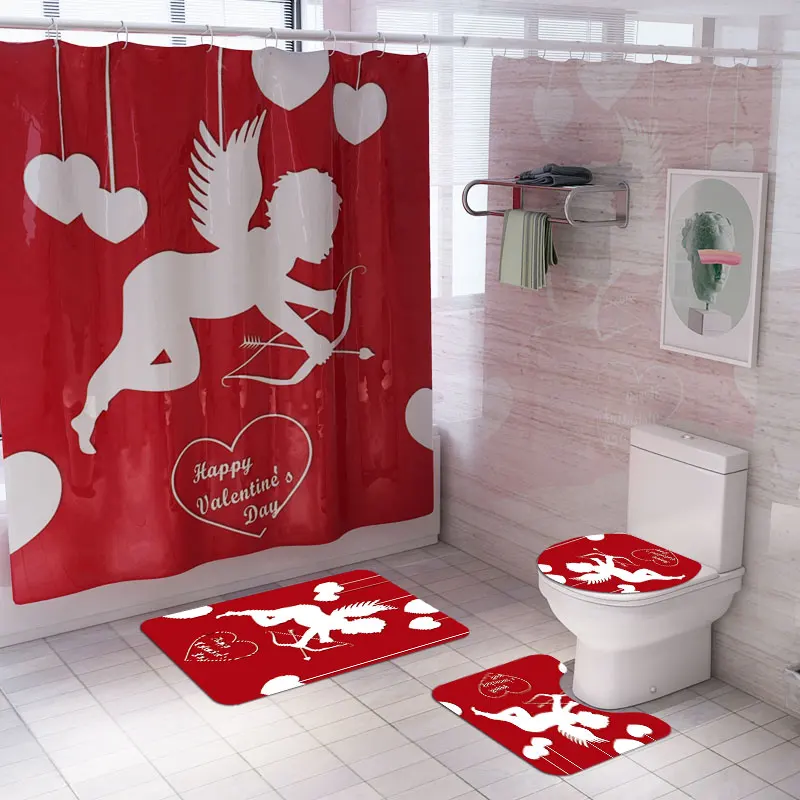 Cupid customer printed 3 pcs bathroom rug mat sets 1pc Printed Shower Curtain