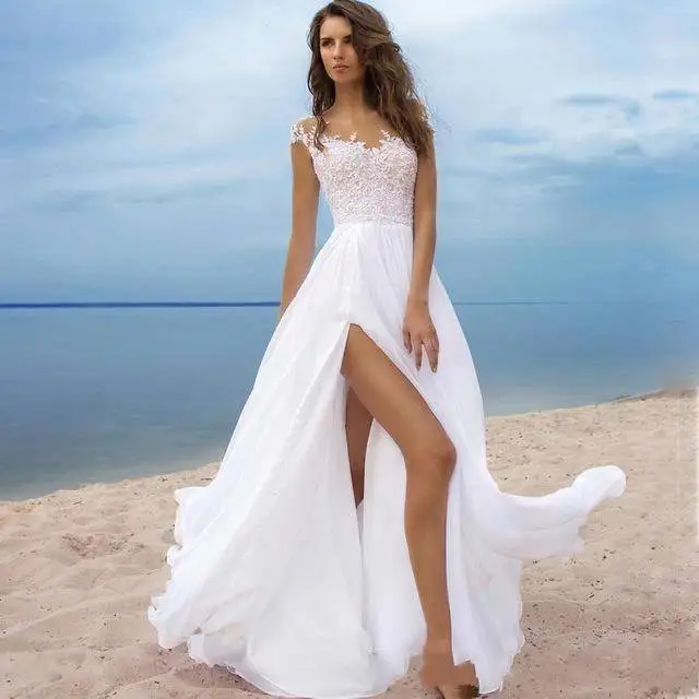 

ZH0045R 2019 Spring Summer Beach A Line Wedding Dresses Side Slit Sheer O Neck Cap Sleeves Floor Length Bridal Gown, White;ivory