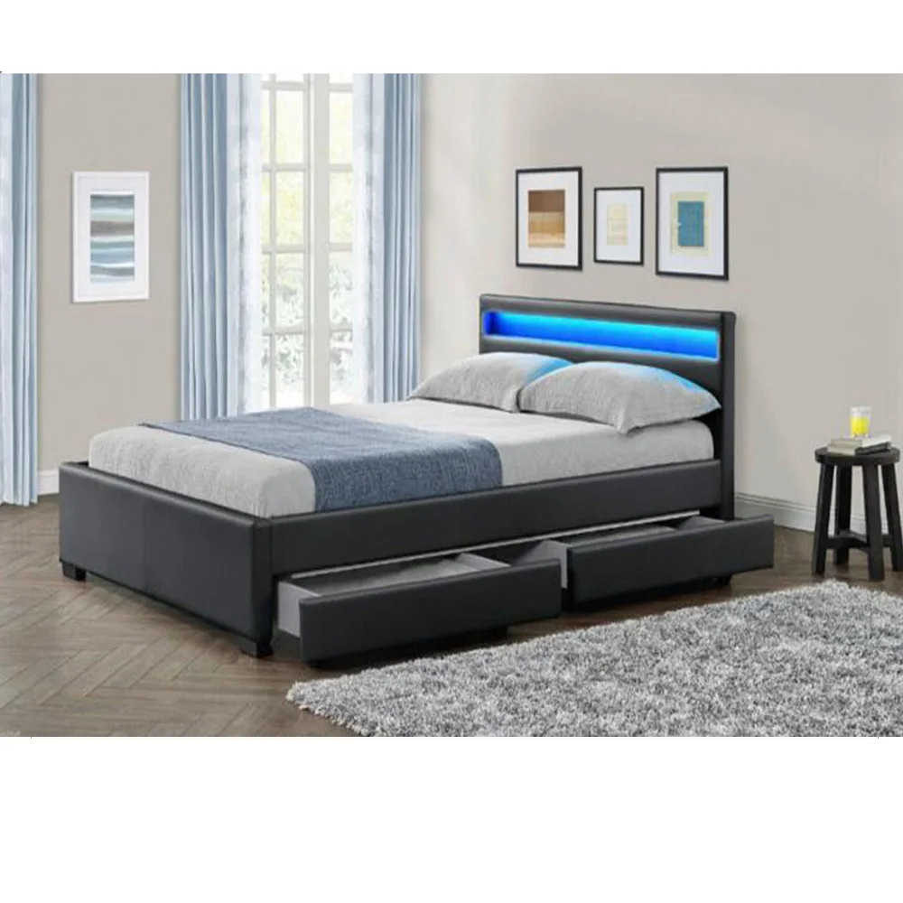 Latest Double Bed Design Led Leather Bed With Storage Wood Box