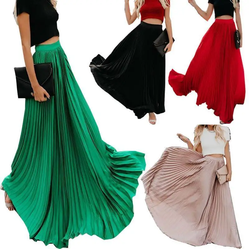 

Womens Chiffon Pleated Long Maxi Dress Elastic Waist Bust Skirt Evening Party