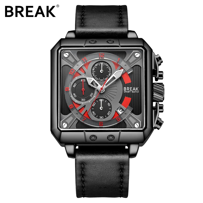 

BREAK 5645 Luxury Quartz Wristwatches Leather Strap Chronograph Wristwatches Square Relogio Masculino Stereoscopic Dial Watches