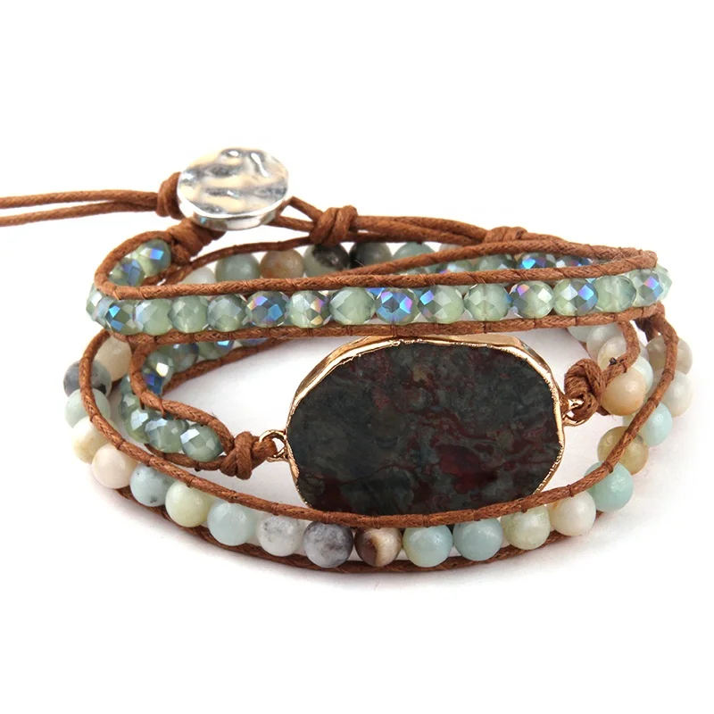 

Women pic jasper bracelet Handmade Natural Stone glass beads friendship bracelet Amazonite 3 layer Men Leather Wrap Bracelet