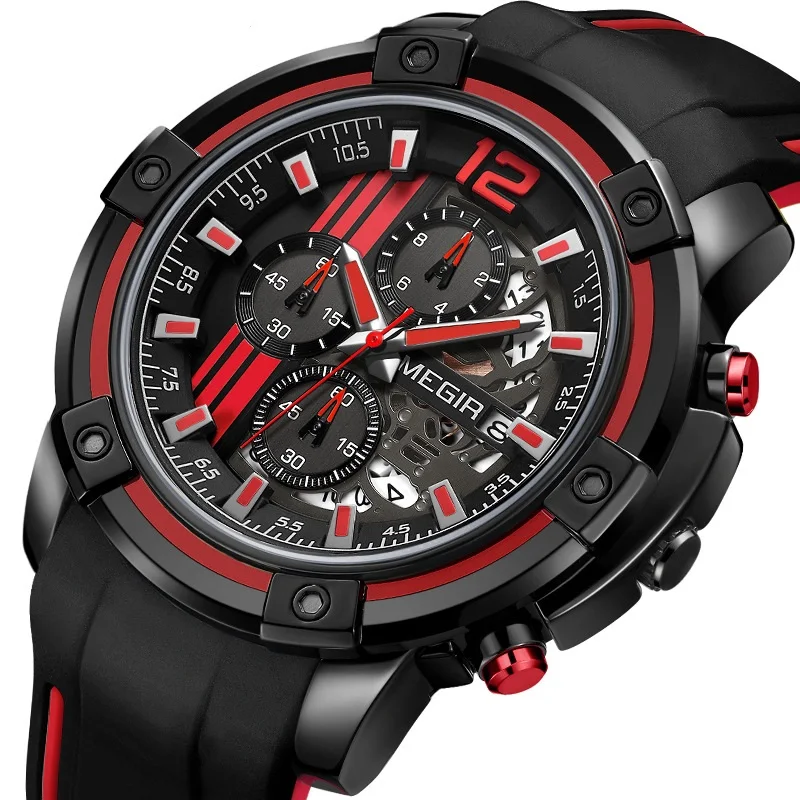 

Megir Watches 2097 Hot Sell Men Black Silicon Brand Luxury Sports Military Waterproof Megir Watches Men Wrist Clock WristWatches, 3-color