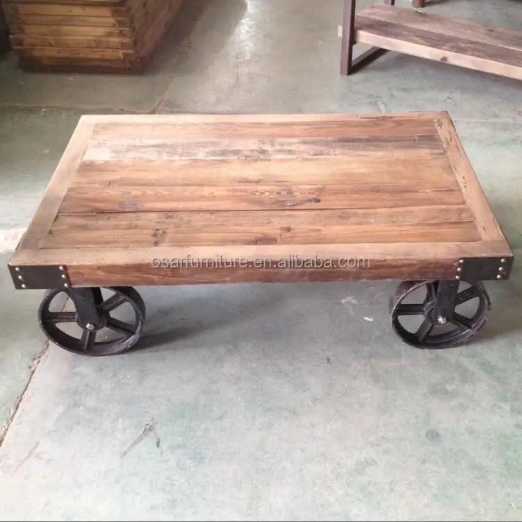 Vintage Wood Plank and Metal Cart Coffee Table