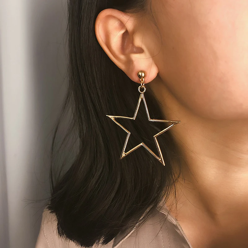 

2019 Korean Hollow Star Drop Earrings Brincos Women Jewelry Simple Alloy Big Geometric Dangle Earrings (KER225), Same as the picture