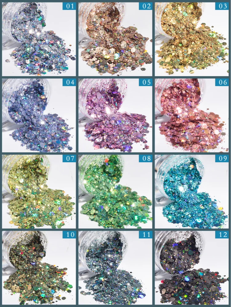 Wholesale Laser Hexagon Flake Dust Mix Sizes Holographic Nail Glitter