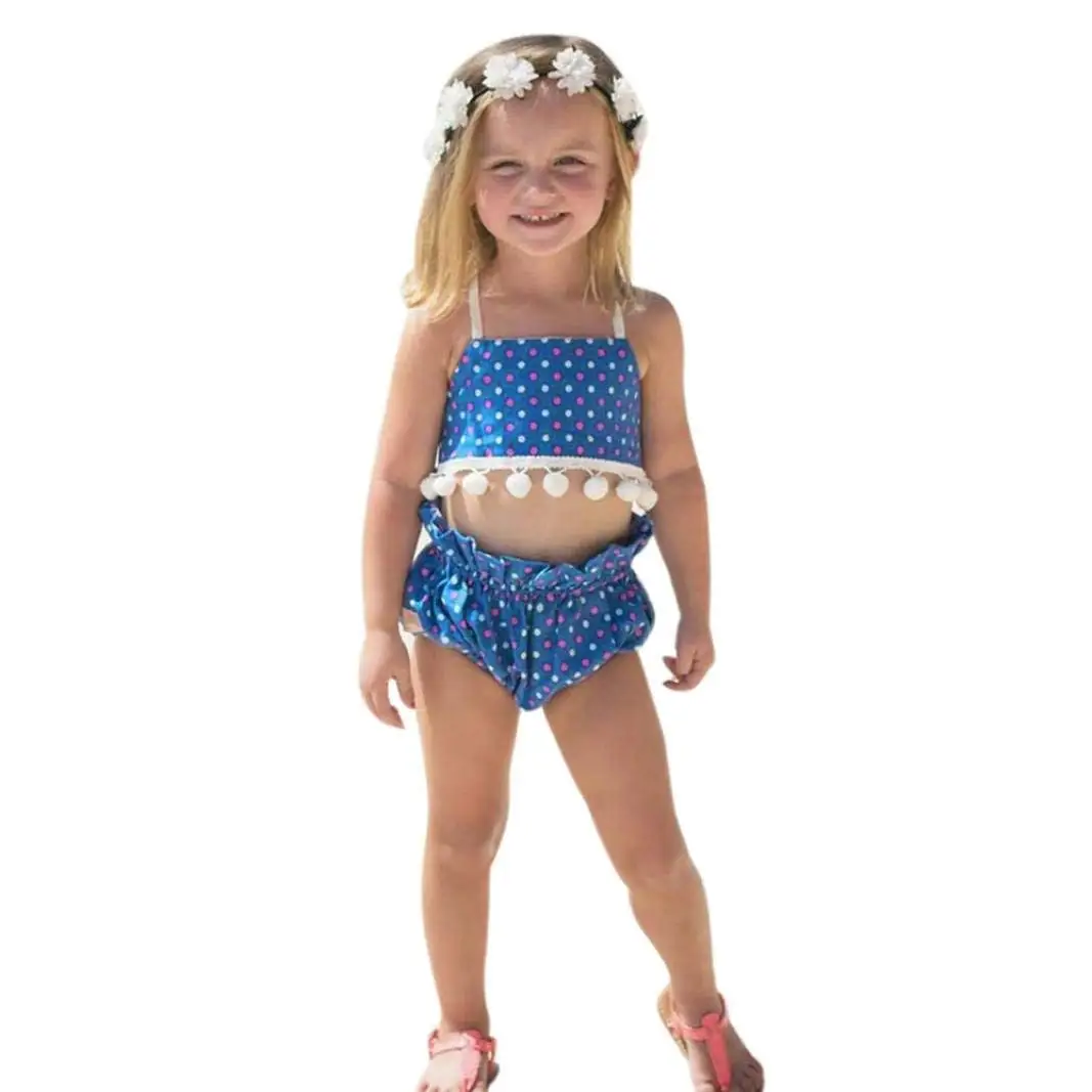 Hunputa Infant Baby Girls Dots Printed Bowknot Tassel Halter 2 Piece Swimsu...