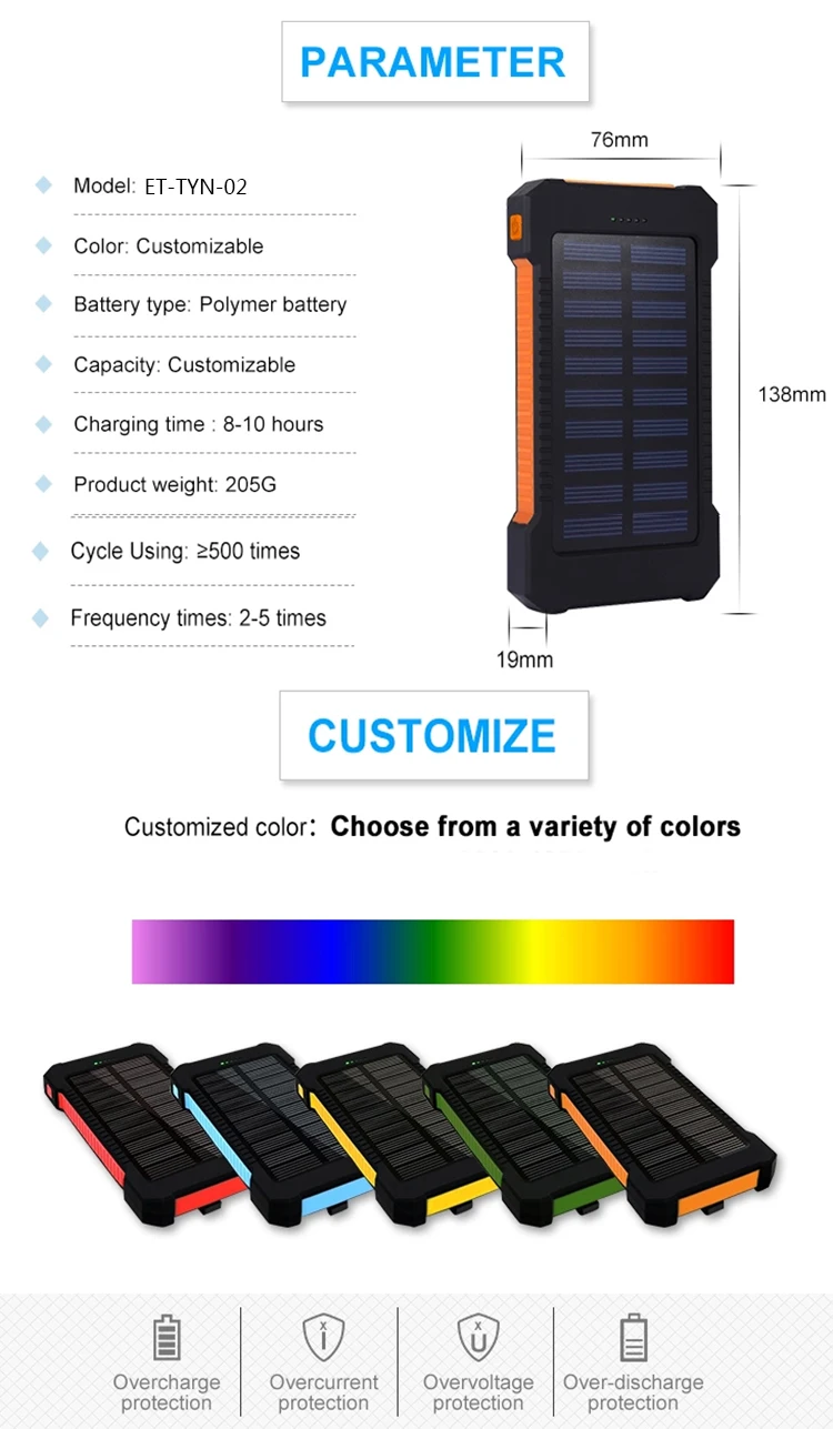 Solar Power Bank Dual USB Power Bank 20000mAh Waterproof Battery Charger External Portable Solar Panel with LED Light