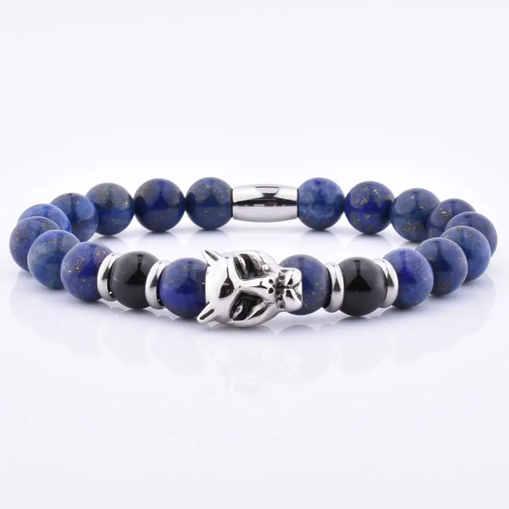 

Sodalite Gemstone Silver Tiger Charm Bead Stainless Steel Beaded Bracelet