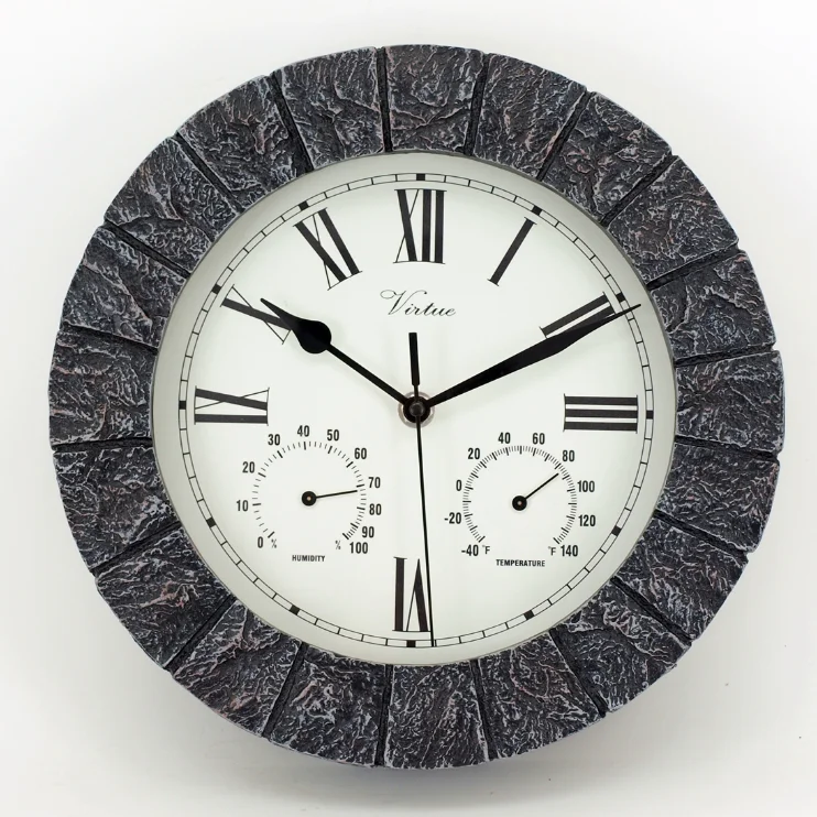 Faux Stone Round Retro Outdoor Wall Clock Includes A Thermometer And