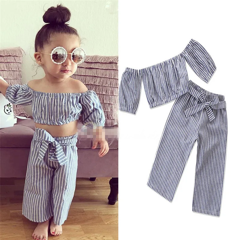 

Girls INS fashion set 2018 new Children Off Shoulder stripe top +stripe trousers 2 pieces set suit Baby kids clothing