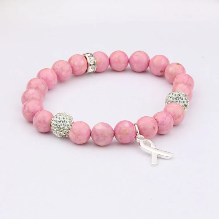 

BR0502 Custom Natural Stone Beads Beaded Breast Cancer Awareness Bracelet