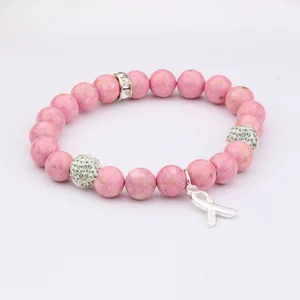 BR0502 Custom Polymer Clay Heishi Disc Beaded Bracelet with charm Natural Stone Beads Beaded Breast Cancer Awareness Bracelet