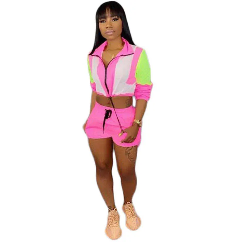 

Two Pieces Outfits Zip Up Long Sleeve Patchwork Casual Fluorescent Pant Set