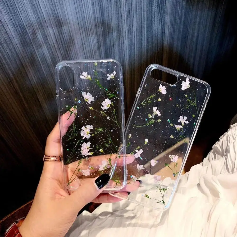 

Real Flowers Dried Flowers Soft TPU Back Cover For iPhone X 6 6S 7 8 plus Case Transparent Phone Case for XR XS Max Cover