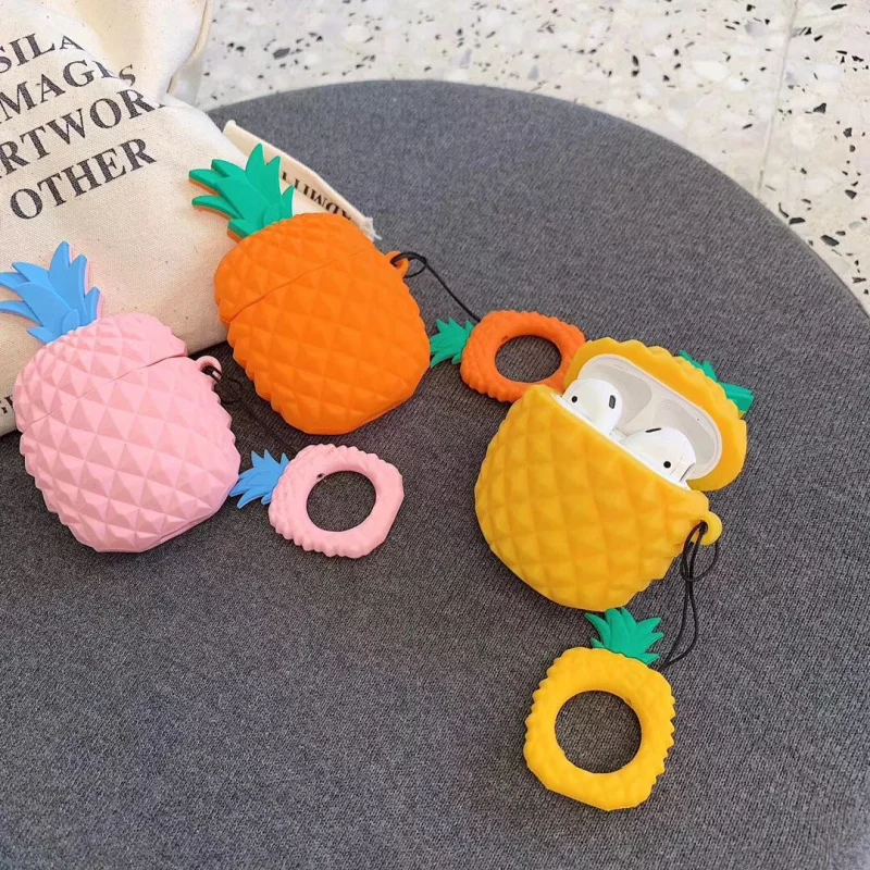 

Free Shipping Earphone gel Case For Airpods Cute Cartoon Fruit pineapple Cover For Earpods Case Ring Strap, Colorful