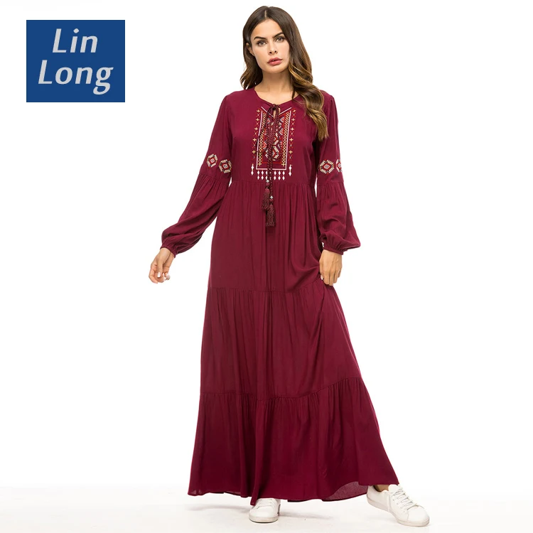 

Hot Selling Beauty African Embroidery Abaya Kaftan with Printing, Red