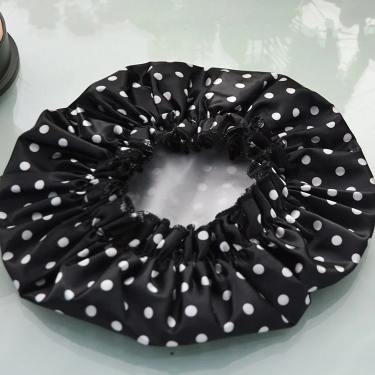 18" Black Color Soft Silk Satin Shower Caps With Polka Dot Double