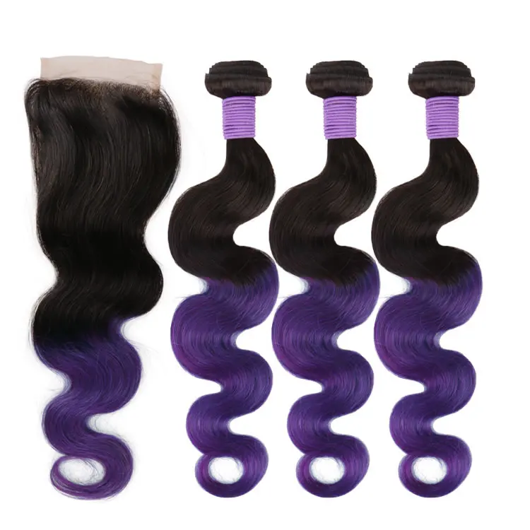 

Cheap Wholesale Best Raw Indian Hair Vendor Body Wave Ombre 1B Purple Human Hair Weave Bundles with 4x4 Lace Closure