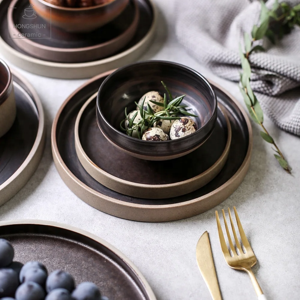 
5-Piece Ceramic Brown Vintage dinner set, handmade stoneware dinnerware plates set, 