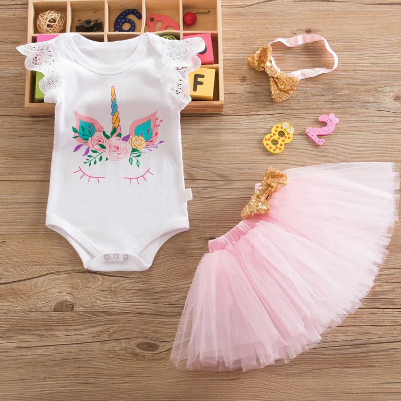 Boutique 1 Year Birthday Dress Sets Baby Romper Skirts Headband Girls Party Dresses