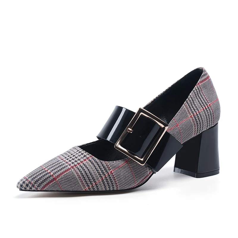 

Universe H115 Classic Design Custom Women Wholesale Manufacturer Buckle Checkered Chunky Heels Woman Ladies Formal Dress Shoes, Black