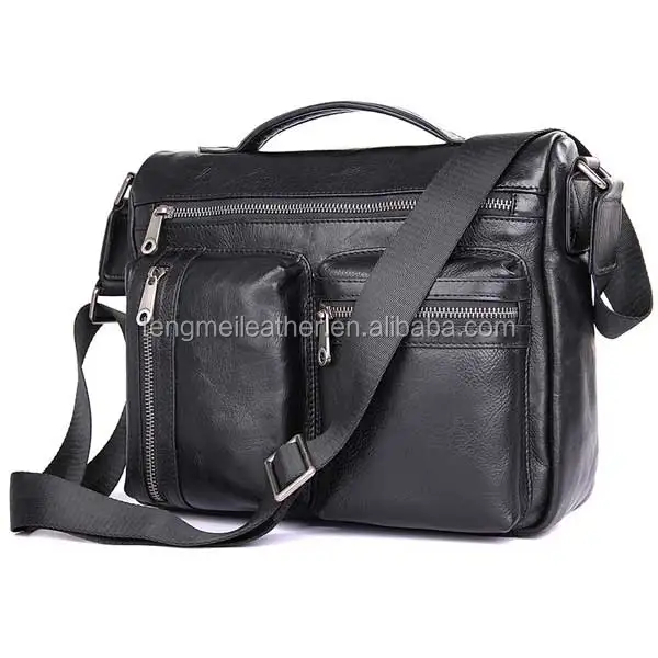 Black Genuine Leather Shoulder Bags For Men Adjustable Strap Large Men
