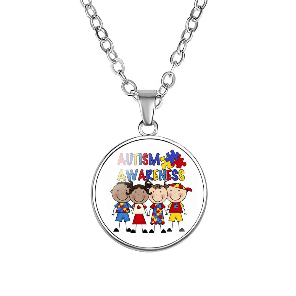 

Alloy round shape Autism Red Ribbon Puzzle Pattern Pendant Necklace for autism children birthday gift, As the picture