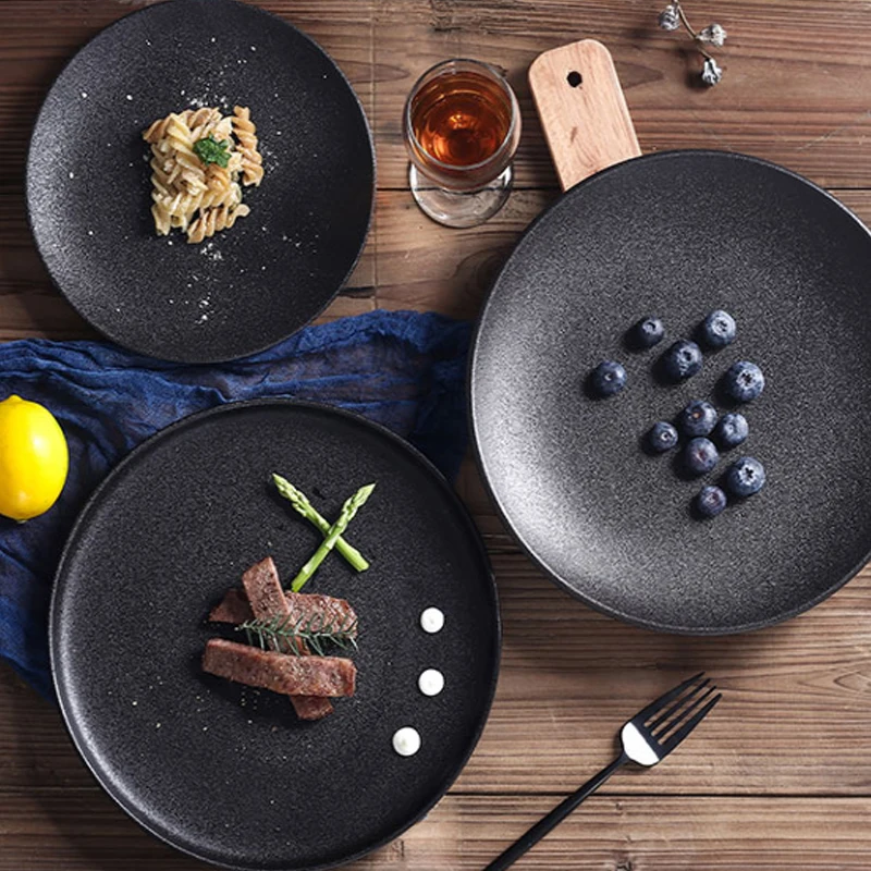 Wholesale Black Matte Ceramic Round Dinner Flat Plate Matte Steak Plate
