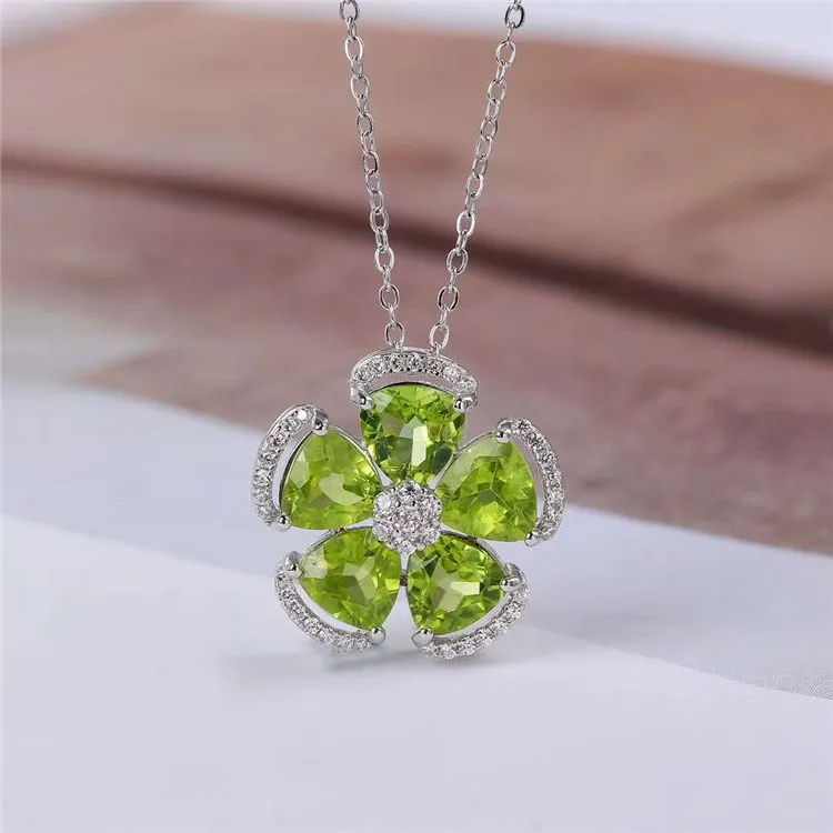 

factory wholesale flower shape fashion natural gemstone green olivine 925 silver 18k gold plated necklace pendant jewelry women