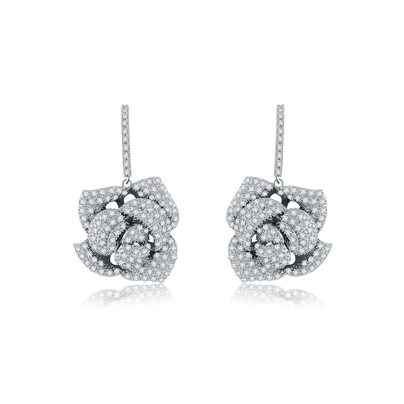 

LUOTEEMI Luxury Jewelry White Gold Plated 3A Grade Cubic Zircon Big Rose Flower Exaggerated CZ Wedding Drop Earrings Fashion